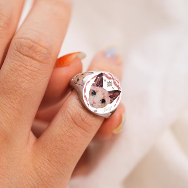 Pink Ribbon Pet Ring – Full Custom Portrait on Both Sides - Image 5