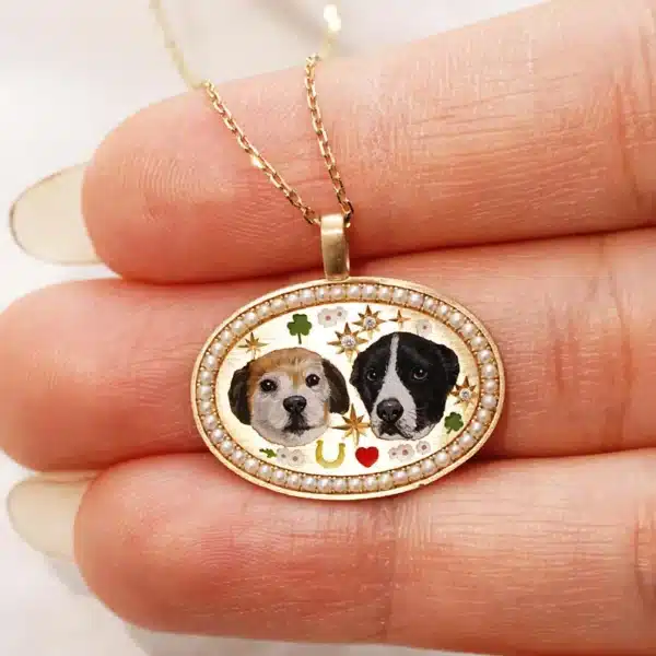 Twin Pet Portrait Necklace with Pearl Border - Image 8