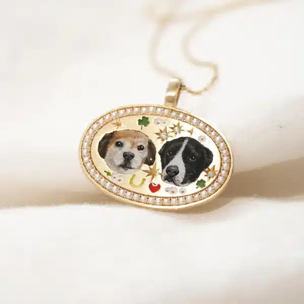 Twin Pet Portrait Necklace with Pearl Border - Image 6