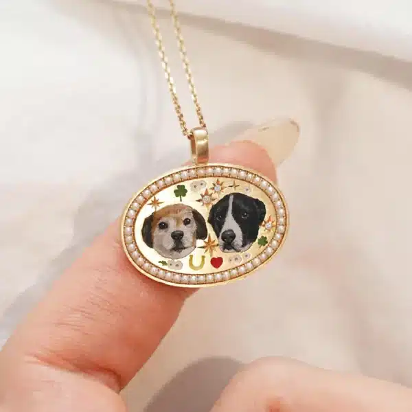 Twin Pet Portrait Necklace with Pearl Border - Image 5