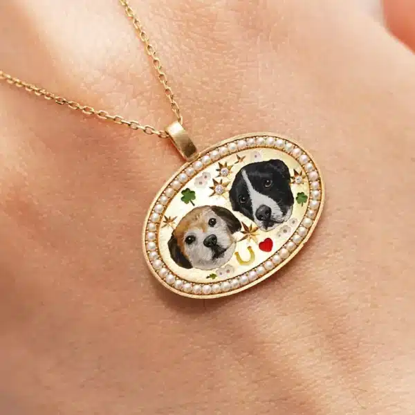 Twin Pet Portrait Necklace with Pearl Border - Image 7