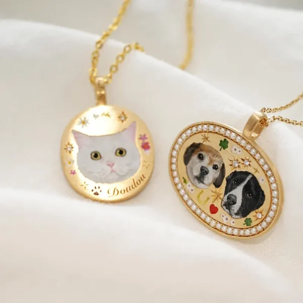 Twin Pet Portrait Necklace with Pearl Border - Image 4