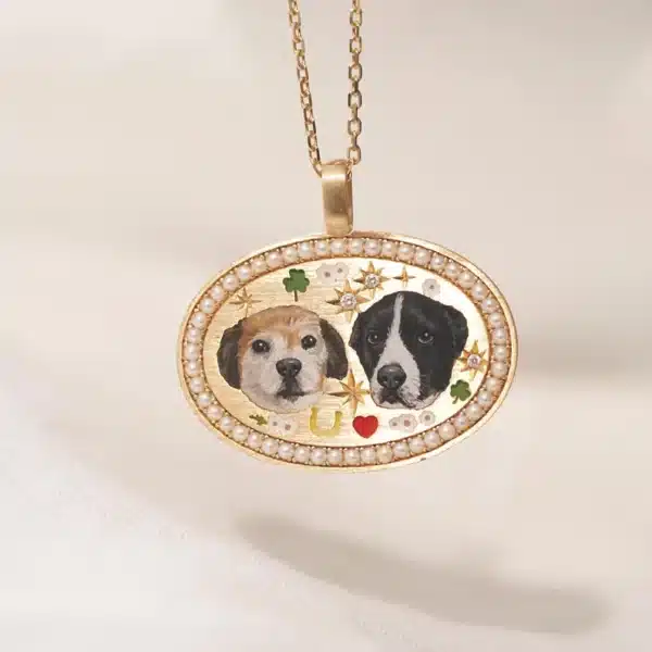Twin Pet Portrait Necklace with Pearl Border - Image 2