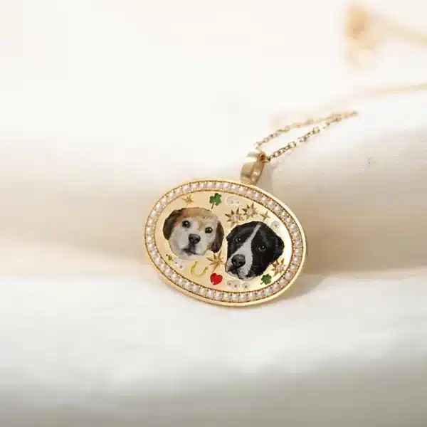 Twin Pet Portrait Necklace with Pearl Border